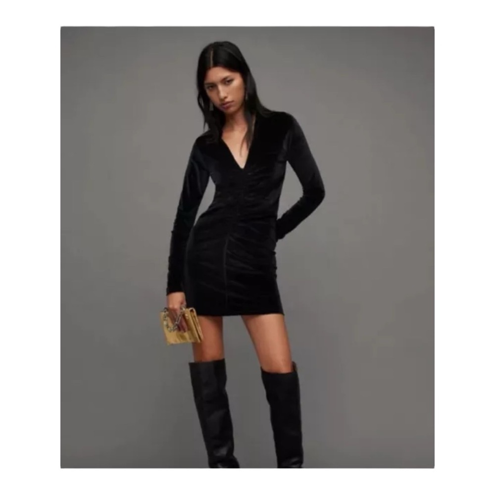 Allsaints Anya Velvet V-neck Mini Dress in Black NWT - Picture 6 of 6